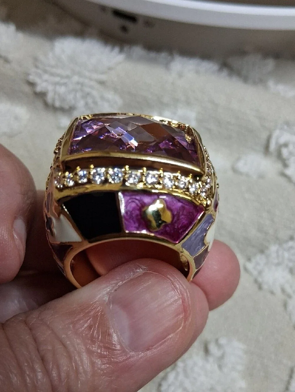 Gold-Tone Enamel Ring with Faceted Lilac Purple Crystal